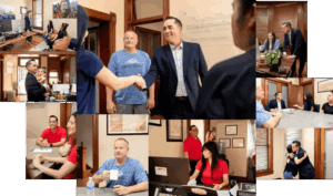 Collage of Torgenson Law attorneys and staff interacting with clients in the office — greeting visitors, consulting at conference tables, sharing conversations, and offering personal support.