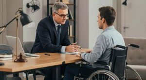 Un hombre profesional con traje mantiene una conversación concentrada con un hombre en una silla de ruedas
