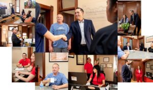 Collage of Torgenson Law attorneys and staff interacting with clients in the office — greeting visitors, consulting at conference tables, sharing conversations, and offering personal support.