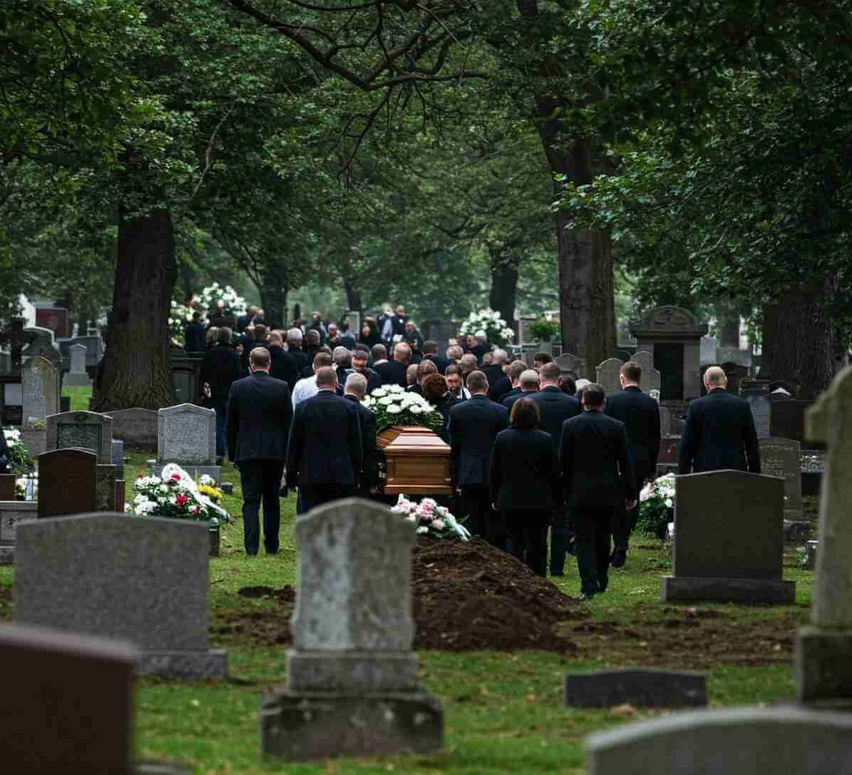 A group of people in dark suits walk through a cemetery, carrying a casket toward a burial plot in a procession marking a wrongful death.