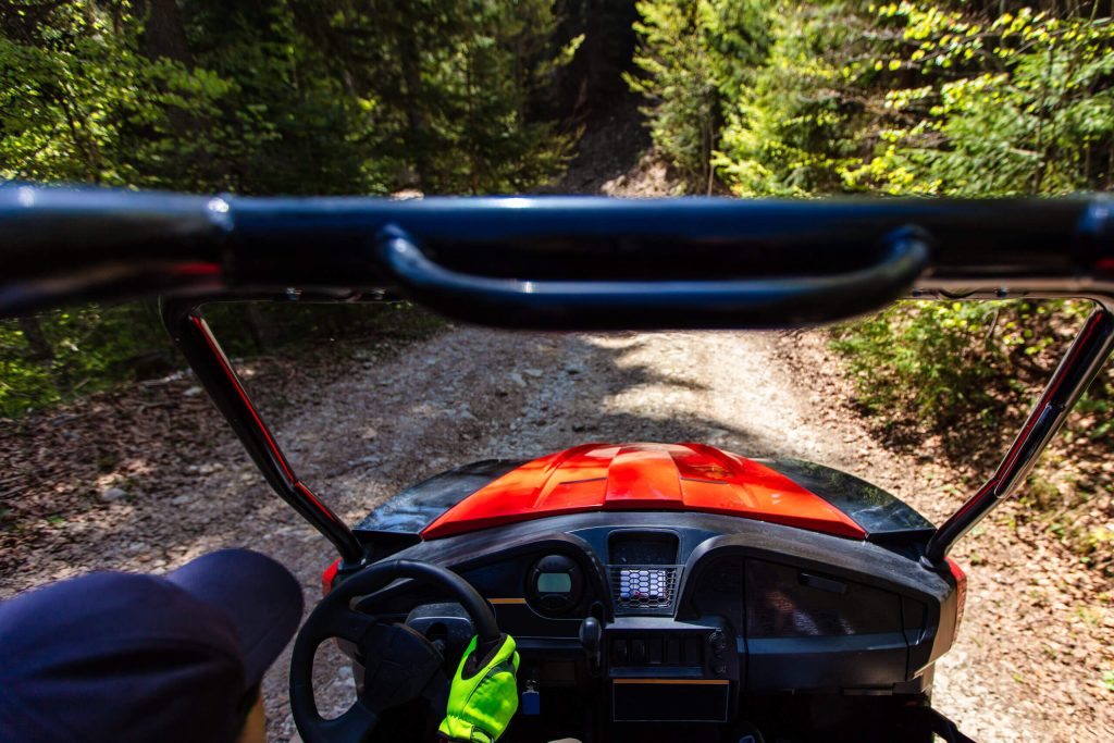 View from inside a red all-terrain vehicle driving on a sunlit forest trail.